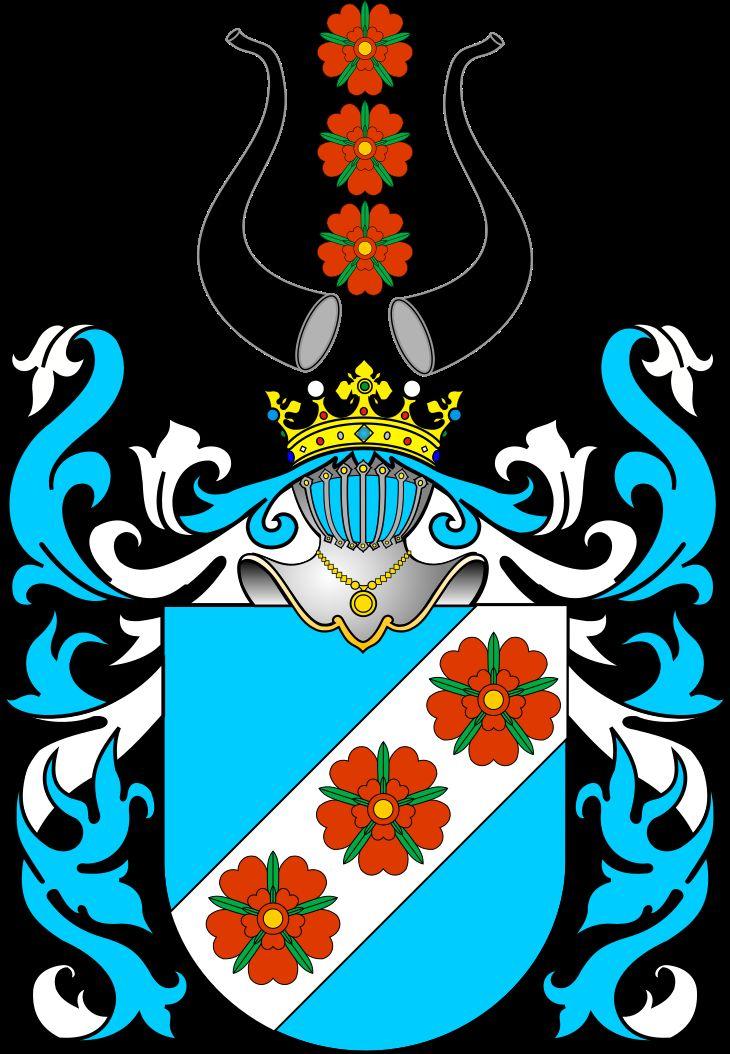 Herb Doliwa Opis herbu: W błękitnym polu na pasie srebrnym lewo ukośnym, w rzędzie trzy czerwone czterolistne róże. Klejnot: między dwiema czarnymi trąbami, trzy czerwone róże jedna nad drugą.