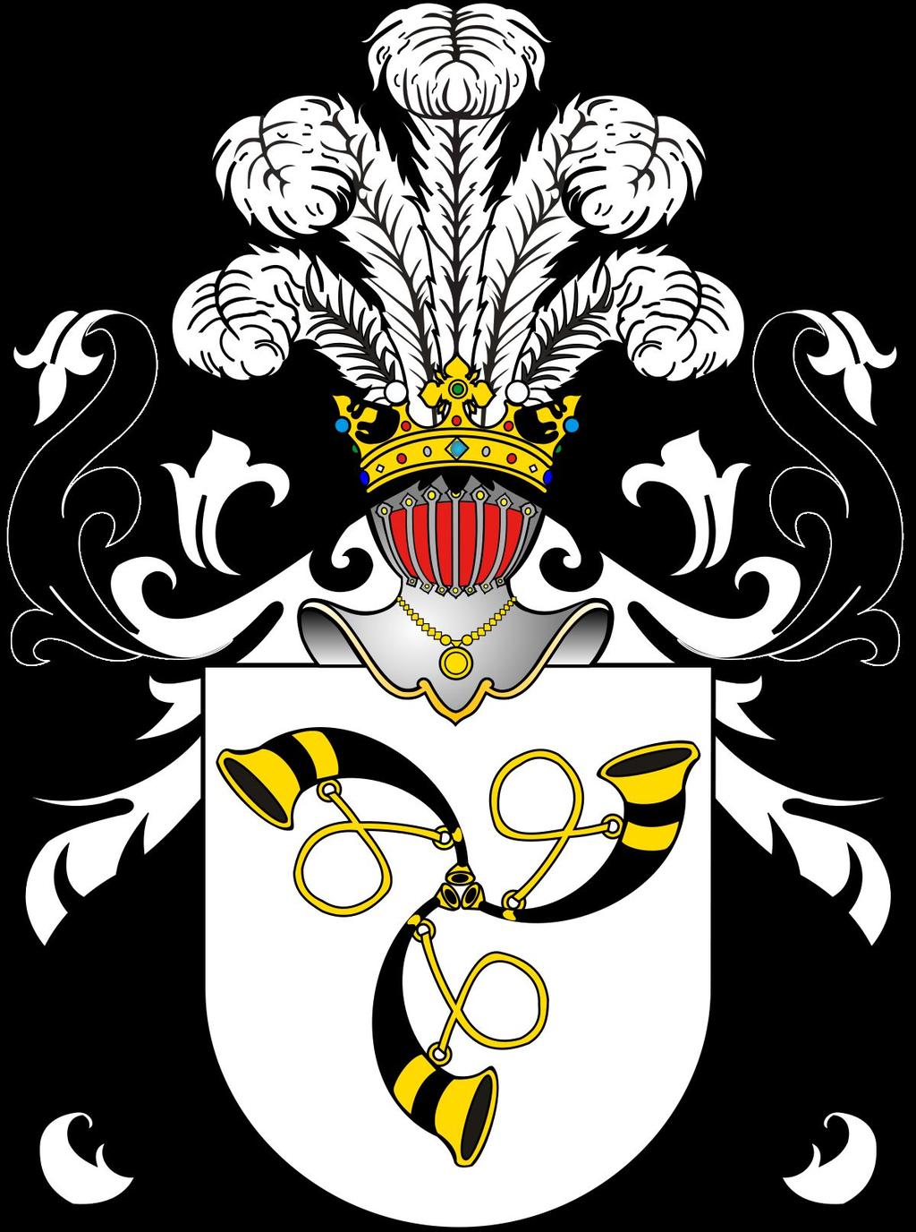 Herb Trąby Opis herbu: W polu srebrnym trzy czarne trąby o złotych okuciach, połączone ustnikami. W klejnocie pięć strusich piór. Labry herbowe czarne, podbite srebrem. Korona z pięcioma słupkami.