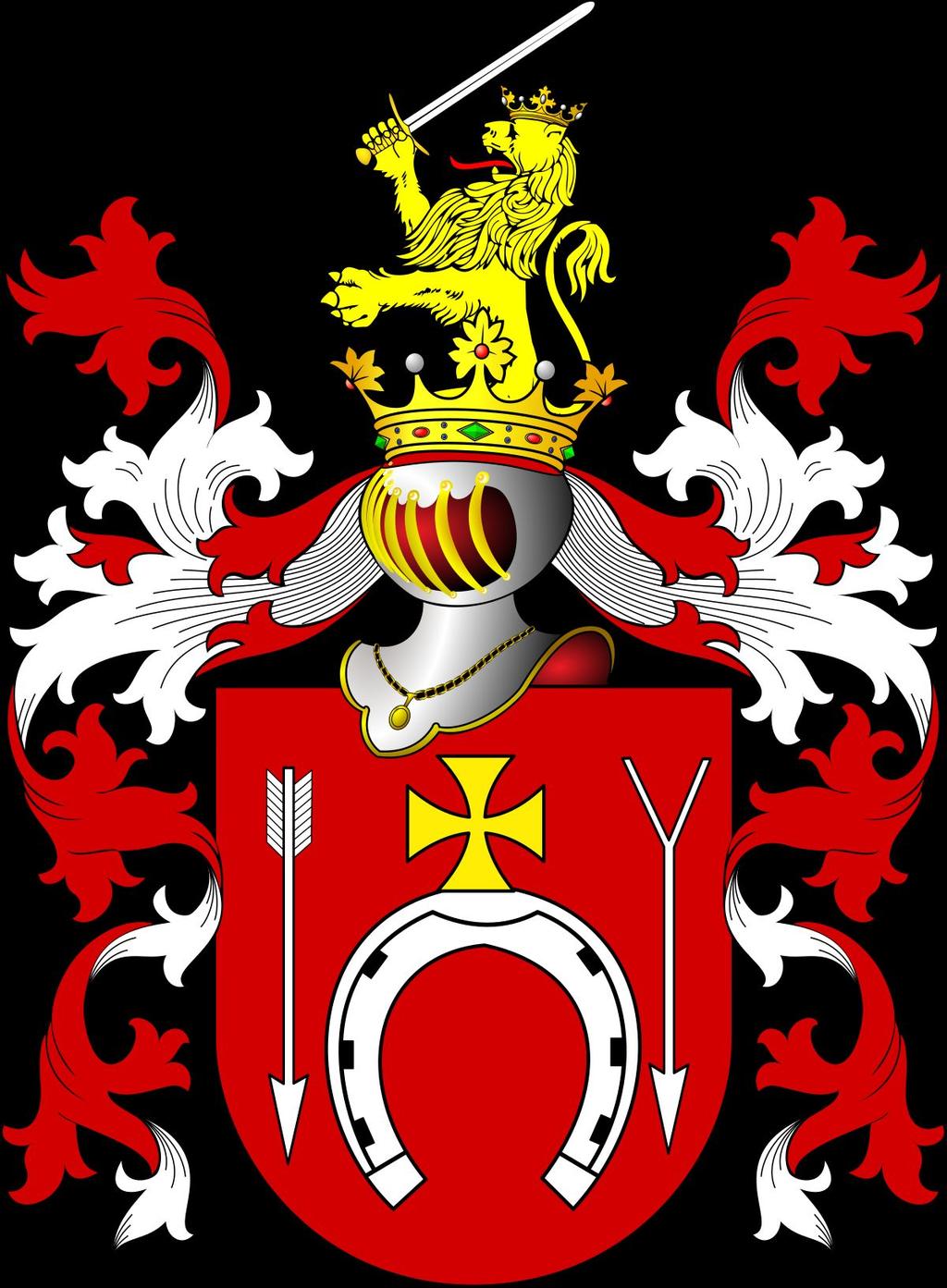 Herb Łada Opis: W polu czerwonym podkowa srebrna, barkiem do góry, na niej zaćwieczony złoty krzyż kawaleryjski.