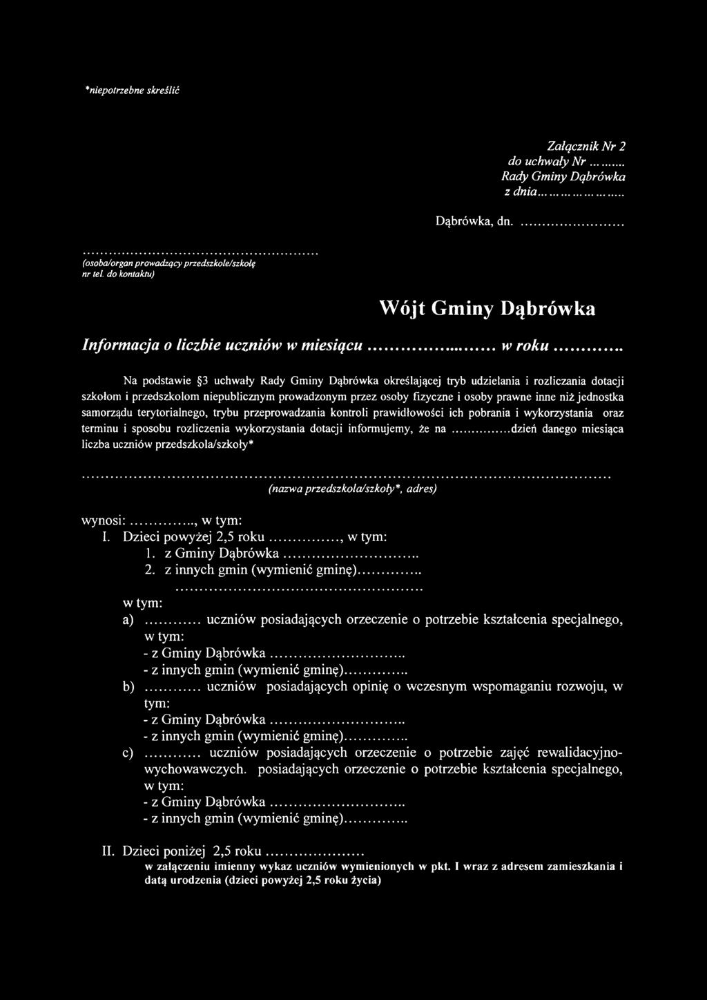 .. Na podstawie 3 uchwały Rady Gminy Dąbrówka określającej tryb udzielania i rozliczania dotacji szkołom i przedszkolom niepublicznym prowadzonym przez osoby fizyczne i osoby prawne inne niż