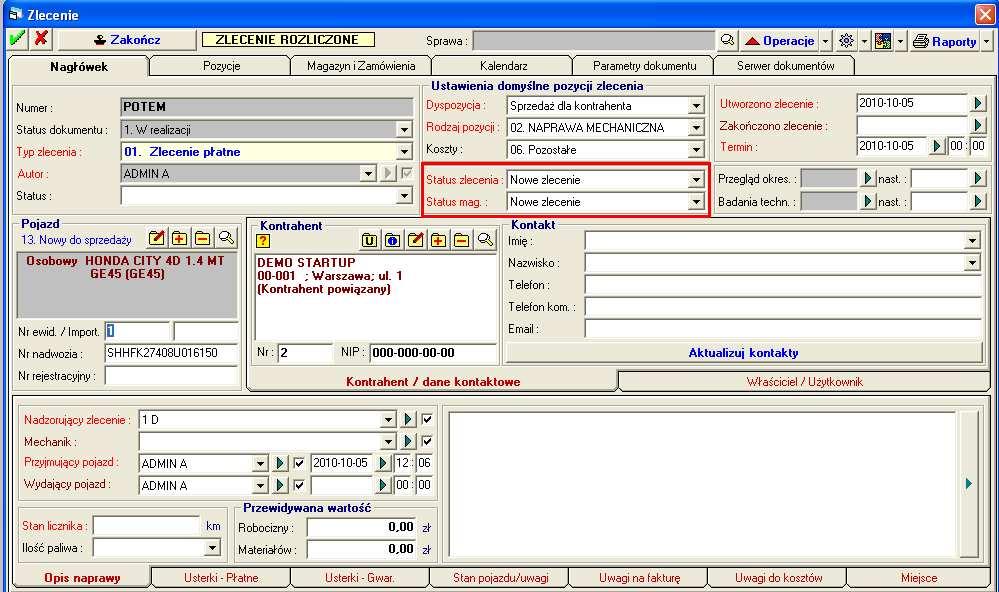 3.3 Status serwisowy oraz status części na zleceniach Do dokumentu zlecenia dodano dwa nowe pola : Status zlecenia