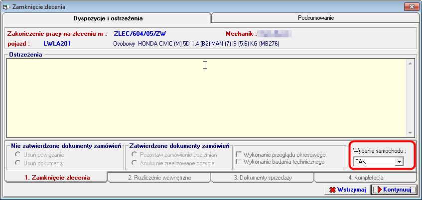 Informacja o wydaniu pojazdu skutkuje zmianą statusu serwisowego na Zakończona obsługa.