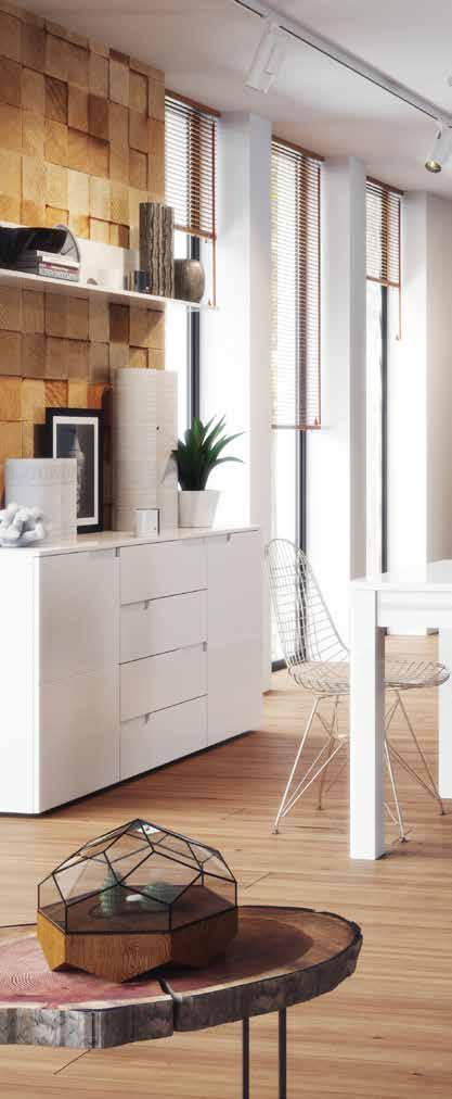 Biały kolor podkreślony wysokim połyskiem, pozwala na stworzenie nowoczesnego wnętrza, aranżując salon, jadalnię, pokój młodzieżowy, gabinet czy przedpokój.