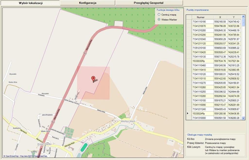 Rozmieszczenie poszczególnych elementów ekranu omawianej zakładki przedstawia poniŝszy rysunek Wybrany punkt - Marker Przełącznik funkcji lewego klawisza myszki Mapa Wykaz wczytanych punktów Obsługę