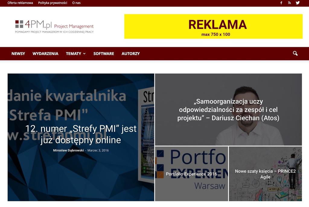 Reklama banerowa Wyróżnij się na najpopularniejszym portalu dla zarządzających projektami w Polsce Wszystkie reklamy sprzedawane są w modelu flat fee, czyli za czas emisji w serwisie.