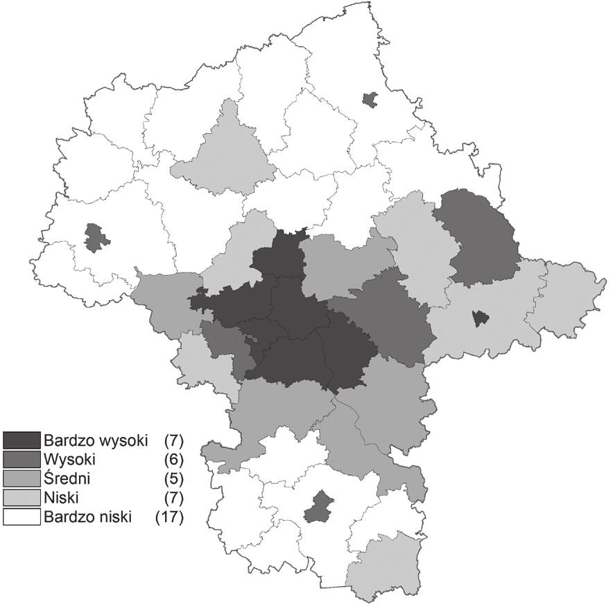 16 Monitoring realizacji Strategii rozwoju województwa mazowieckiego do 2030 roku. Innowacyjne Mazowsze Raport 2014 Rycina 17. Wskaźnik zamożności w 2010 r.