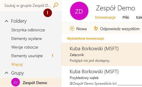 2.2.2 Konwersacje zespołu Publikowanie nowego wątku, odpowiedzi, polubienia, wymienienia, wyszukiwanie, powiadomienia, załączniki.