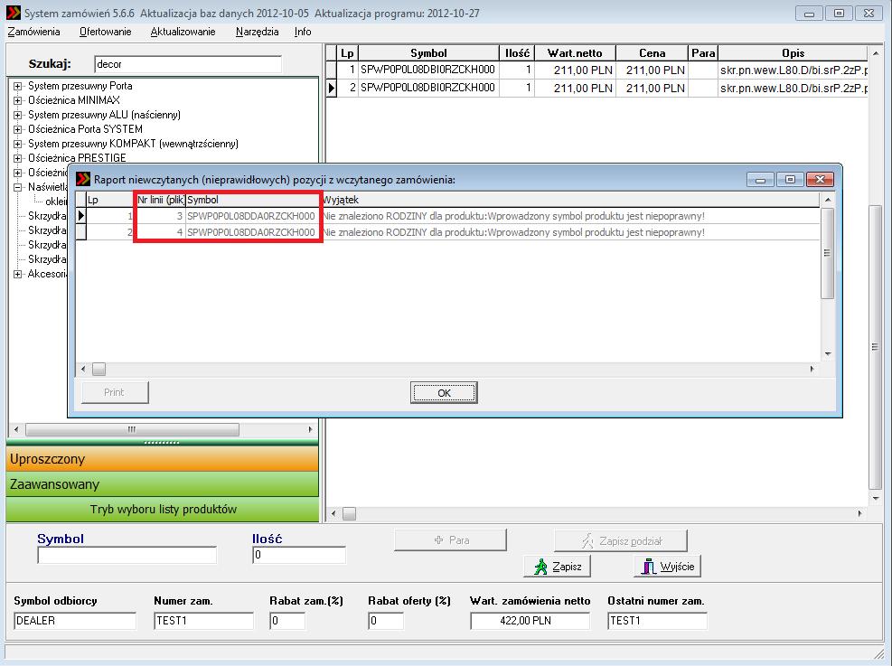 ZAPISANIE ZAMÓWIENIA w przypadku otwierania plików starych zamówień, jeżeli wybrane w nim konfiguracje nie są już dostępne w aktualnej ofercie PORTA wyświetli się raport niewczytanych