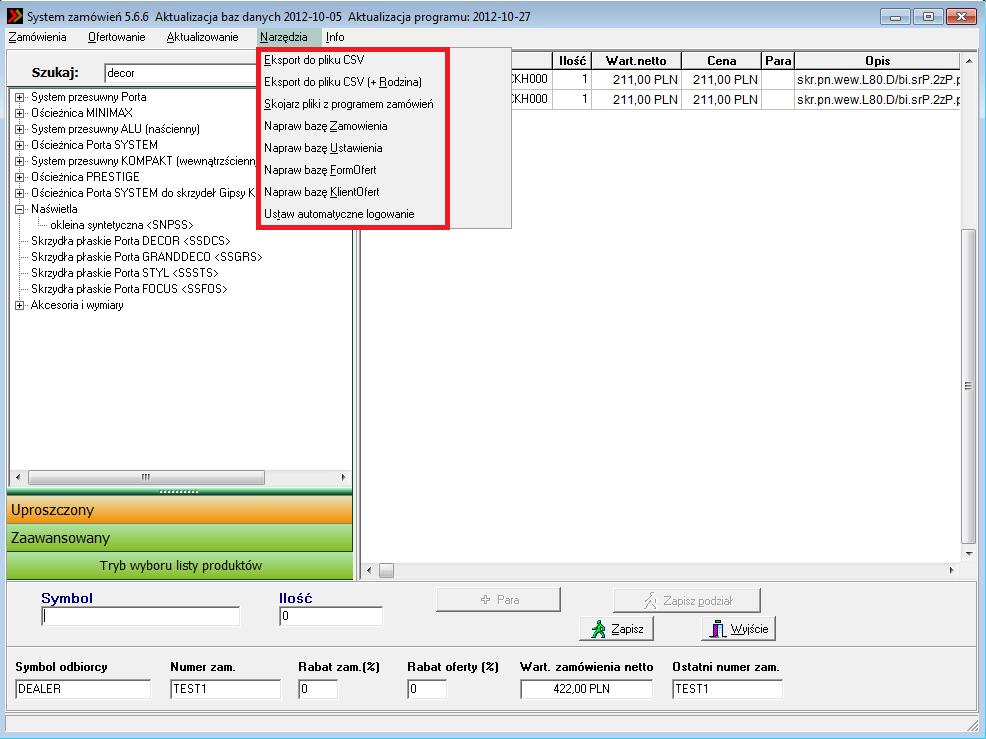 NARZĘDZIA ORDERS Program Orders wyposażony jest w dodatkowe narzędzia : Eksport do pliku CSV oraz Eksport do pliku CSV (+Rodzina) spowoduje eksport zamówienia do pliku.