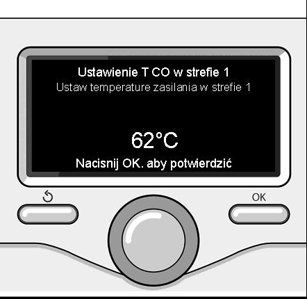 ustawianie ciepłej wody do ogrzewania Nacisnąć przycisk OK w celu uzyskania dostępu do ustawień ogrzewania - Pełne menu Ustawienie ogrzewania Aby ustawić temperaturę na wyjściu, przekręcić pokrętło i