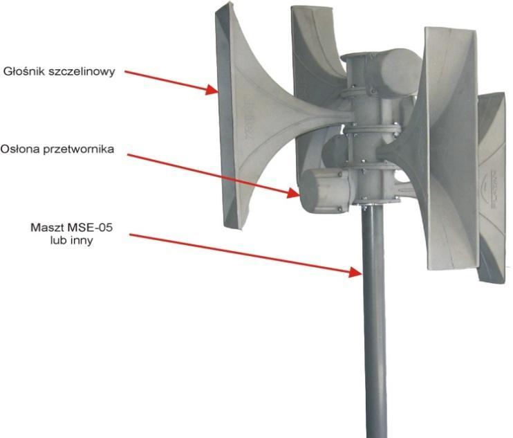 Głośniki syreny Głośniki szczelinowe Głośniki szczelinowe są wykonane ze stopu aluminium odpornego na korozję. Zastosowano w nich przetworniki o mocy 150W.