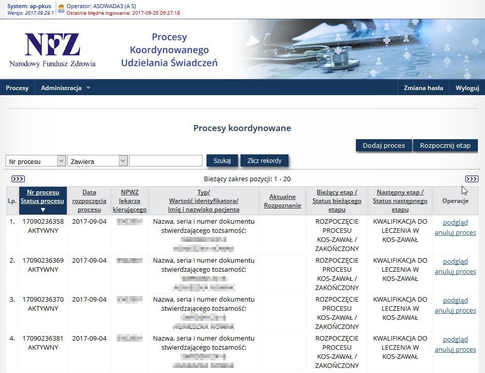 4. Praca z systemem Po poprawnym zalogowaniu do aplikacji, zostanie wyświetlona Lista procesów koordynowanych. Całe okno zbudowane jest z obszarów opisanych w poniższych punktach. 1.