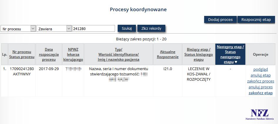 Rys. 6.26 Przykładowa lista procesów koordynowanych rozpoczęcie etapu leczenia 6.10.