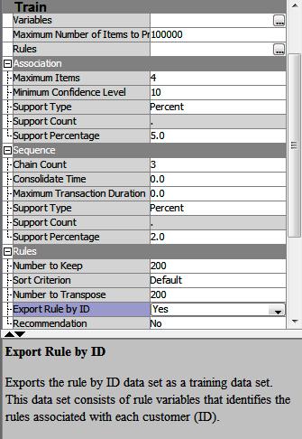 Parametry węzła Association Zostawimy domyślne wartości węzła, zmieniając tylko pozycję Export Rule by ID na Yes. Spowoduje to utworzenie tabeli zawierającej informacje o znalezionych regułach.