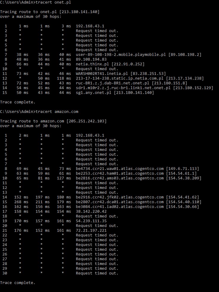 Zad.7 Polecenie tracert oraz traceroute pokazuje trasę jaką muszą pokonać pakiety danych aby dotrzeć z komputera do wskazanej strony www lub hosta.