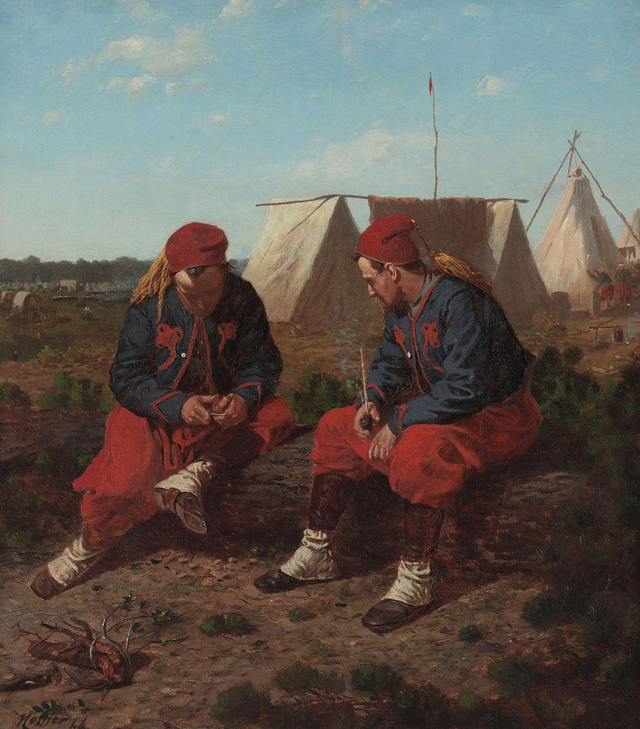 Fragment obrazu Carla Roechlinga żuawi w bitwie pod Fredericksburgiem. Za Wikimedia Commons. Obraz bardzo dobrze pokazuje podstawowe elementy i kolory munduru żuawów.