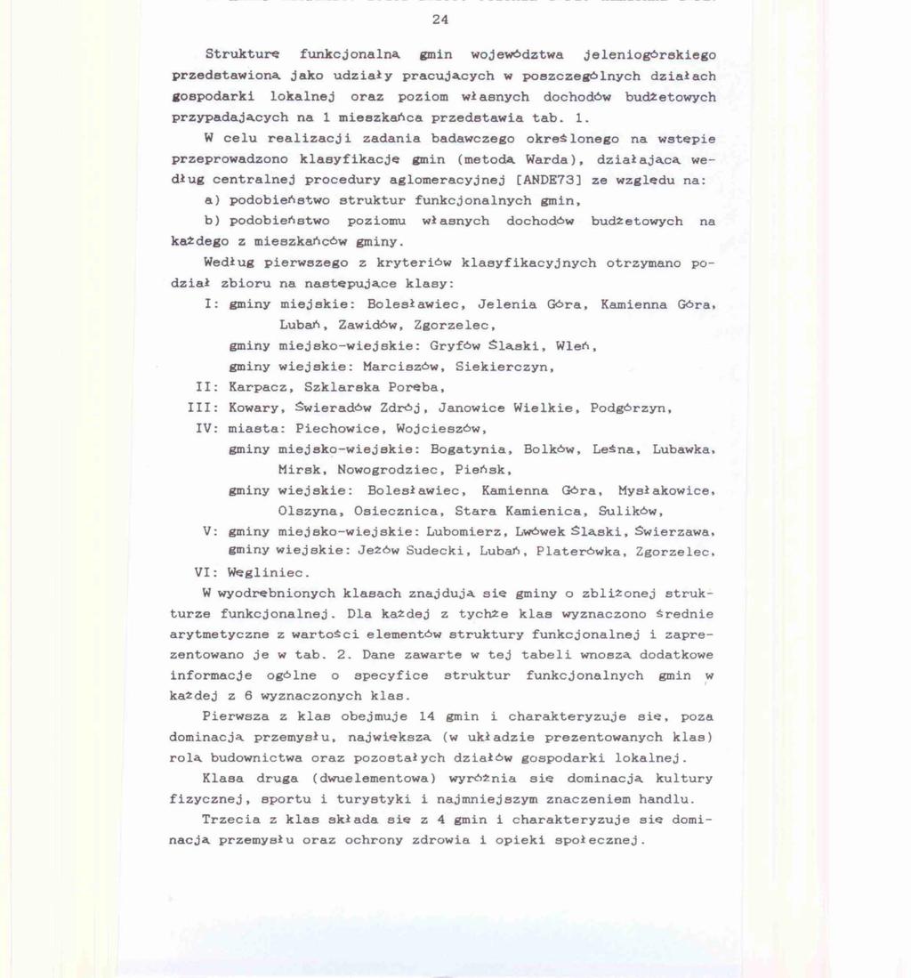 24 Struktu~ funkcjonaną gmin województwa jeeniogórakiego przedstawioną jako udziały pracujących w poezcze~nych działach sospodarki okanej oraz poziom własnych przypadających na mieszkańca przedstawia
