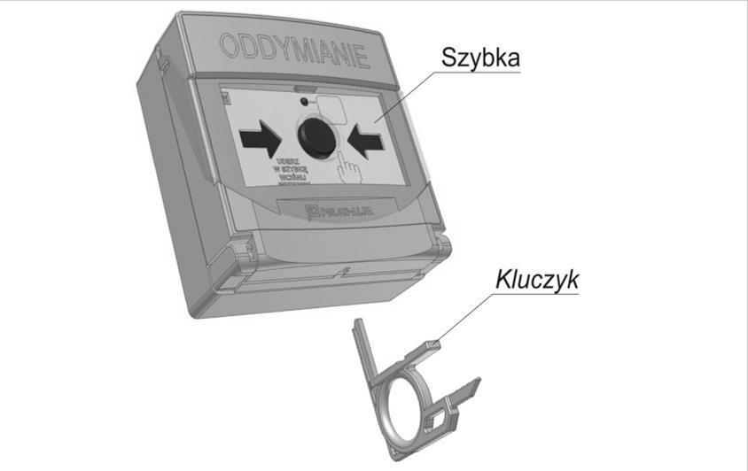 3 Kasowanie oddymiania W celu skasowania stanu uruchomienia, należy przytrzymać szybkę w pozycji jak na rysunku 4 i od dołu wsunąć kluczyk (T końcówką) spowoduje to skokową zmianę koloru strzałek z