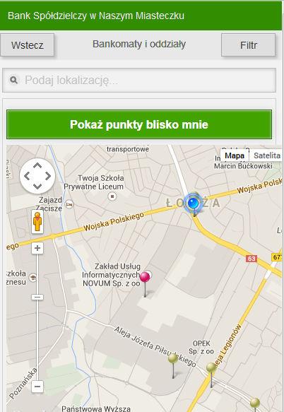 5. Geolokalizacja placówek, bankomatów, wpłatomatów Dzięki wbudowanemu odbiornikowi GPS w Twoim smartfonie, tablecie Interfejs Mobilny Internet Bankingu pozwala w kilka chwil znaleźć na mapie