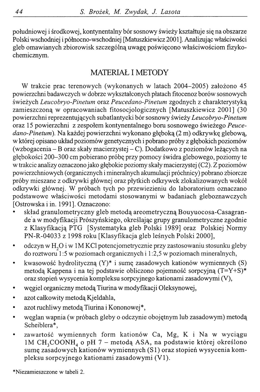 44 S. Brożek, M. Zwydak, J. Lasota południowej i środkowej, kontynentalny bór sosnowy świeży kształtuje się na obszarze Polski wschodniej i północno-wschodniej [Matuszkiewicz 2001].