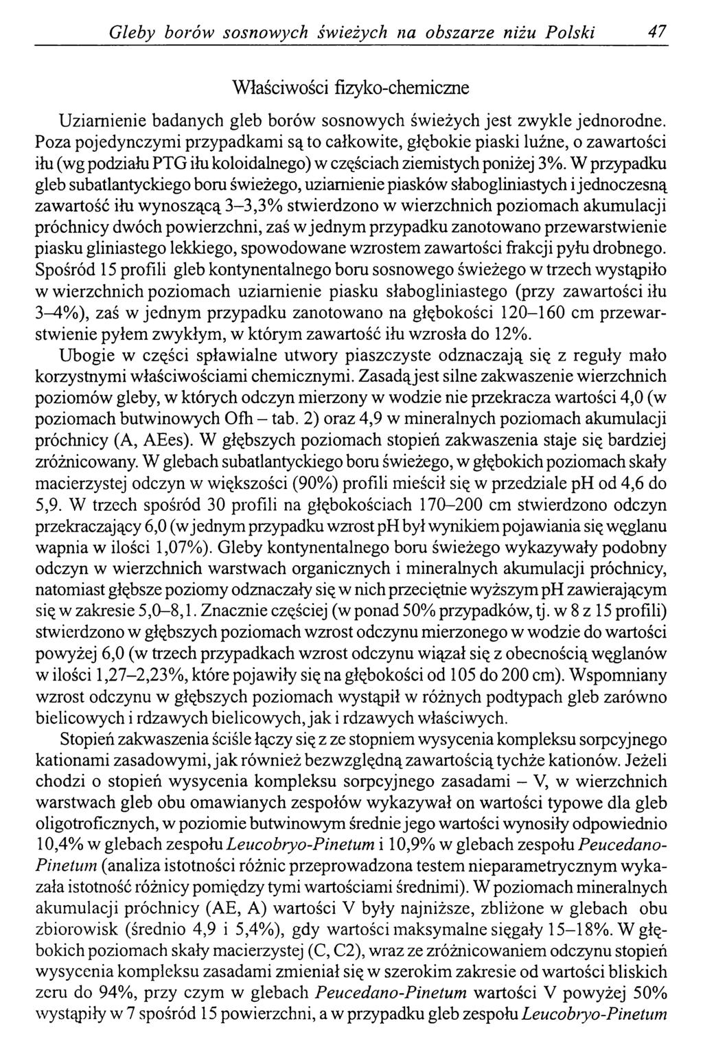 Gleby borów sosnowych świeżych na obszarze niżu Polski 47 Właściwości fizyko-chemiczne Uziamienie badanych gleb borów sosnowych świeżych jest zwykle jednorodne.