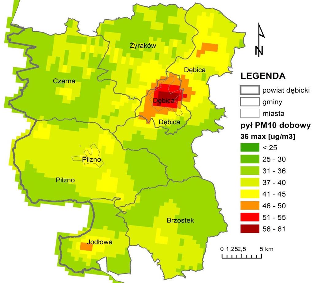 Stan zanieczyszczenia powietrza w powiecie pył PM10 doba: pył PM10 doba: Wartość 36 max.