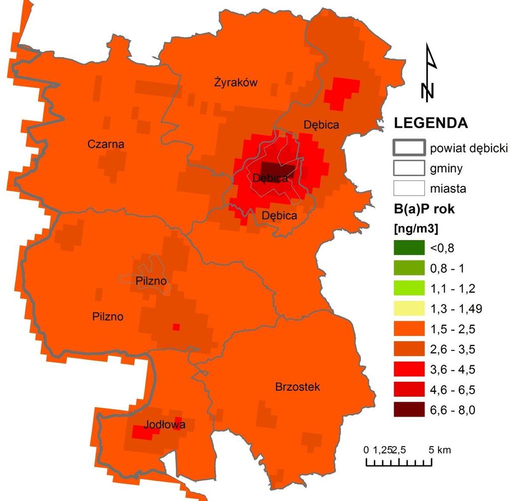 Stan zanieczyszczenia powietrza pyłem PM10 w powiecie benzo(a)piren: Na terenie powiatu dębickiego stężenia średnioroczne benzo(a)pirenu w