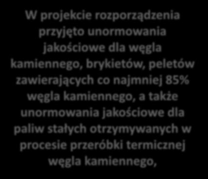 Jakość paliw stałych Projekt rozporządzenia (druk sejmowy 2377) Ministra Energii w sprawie wymagań jakościowych dla paliw stałych W projekcie rozporządzenia przyjęto unormowania jakościowe dla węgla