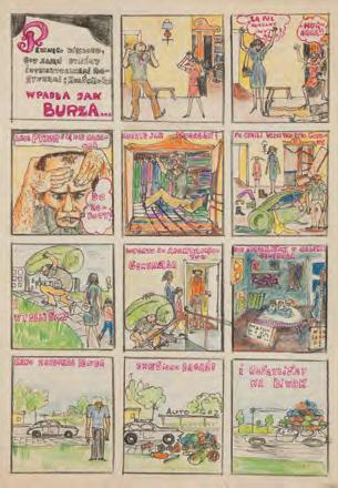 70 Jan Pyjor (1935-1994) Biwak nad Nidą, plansza komiksowa nr 1 kredka,