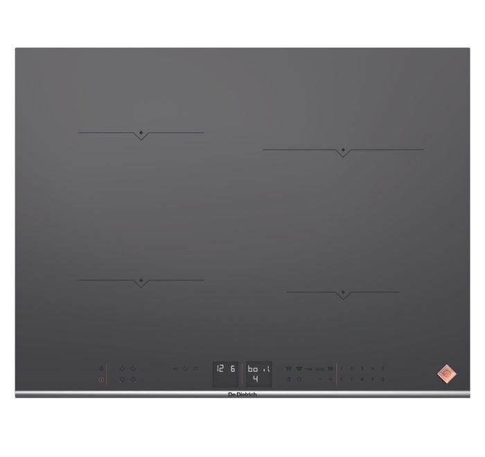 PŁYTA INDUKCYJNA 65 CM DPI7670G Wykończenie szare szkło + dekoracyjny profil z przodu płyty 4 niezależne pola grzewcze: 2 x lewe Ø 18cm / 2,8 kw, prawe tylne Ø 23 cm / 3,1 W prawe przednie Ø 16 cm /