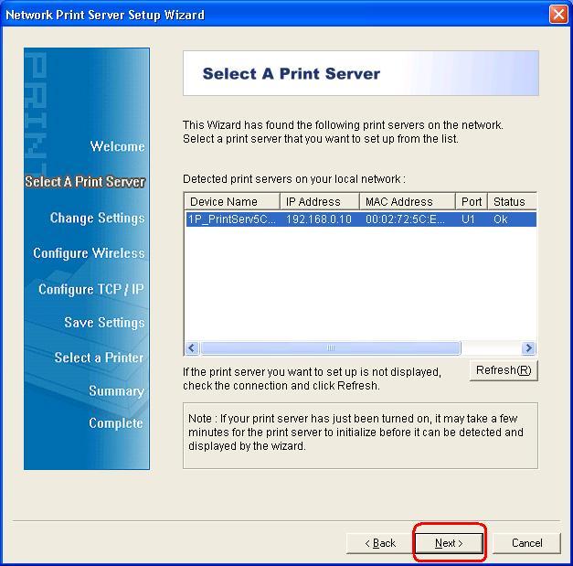 5. Z ekranu Select A Print Server, wybrać port