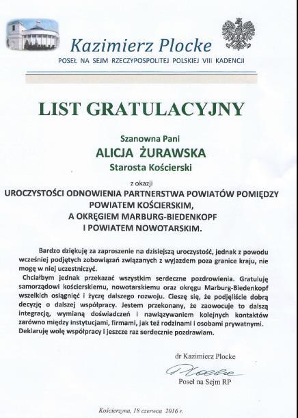 Odnowienie umów partnerskich z Okręgiem Marburg-Biedenkopf (15 lat współpracy) oraz Powiatem Nowotarskim (10 lat współpracy) 18 czerwca 2016 r,. Sala im. L.