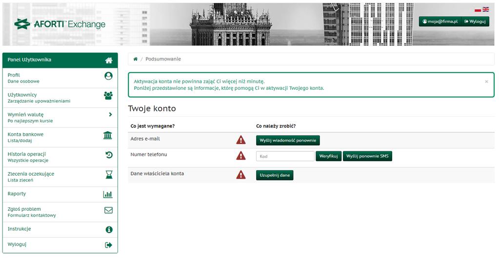 Po wypełnieniu formularza i kliknięciu przycisku "zarejestruj się", Użytkownik zostaje przeniesiony do nieuzupełnionego konta Użytkownika, celem dokończenia rejestracji. 2.1.