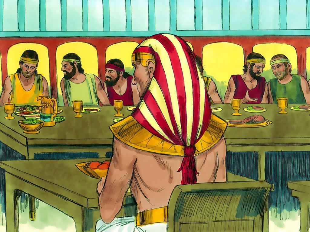 A potem zasiedli do posiłku. Józef osobno i oni osobno. Usiedli naprzeciw niego, od najstarszego do najmłodszego.