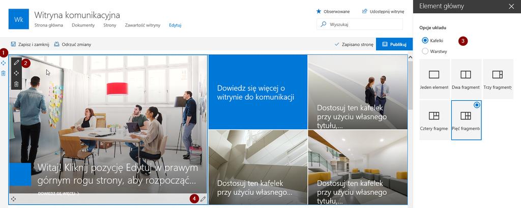 Możemy edytować wygląd poszczególnych elementów (jak i dodawać kolejne) poprzez kliknięcie na Edytuj (1).
