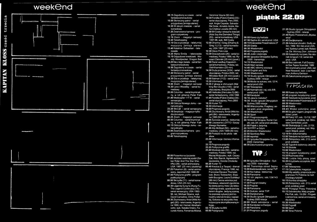 00 Zoom - magazyn sensacji 19.30 Lano i Woodley - serial komediowy 20.00 Columbo - serial kryminalny, w roli głównej Peter Falk 21.40 Medicopter 117 III - serial sensacyjny 22.