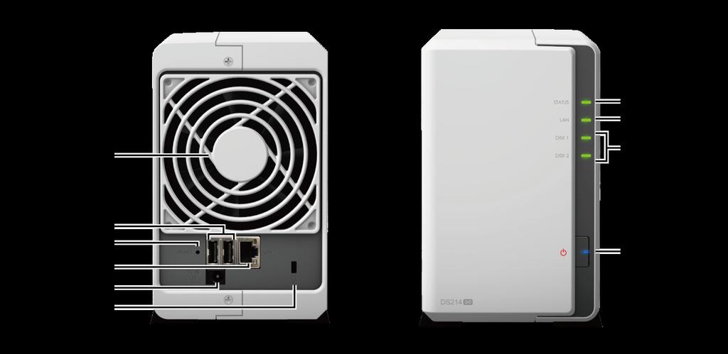 Elementy serwera Synology DiskStation Lp. Element Lokalizacja Opis 1) Wskaźnik stanu Pokazuje stan systemu. Aby uzyskać więcej informacji, zobacz Dodatek B: Tabela wskaźników LED.