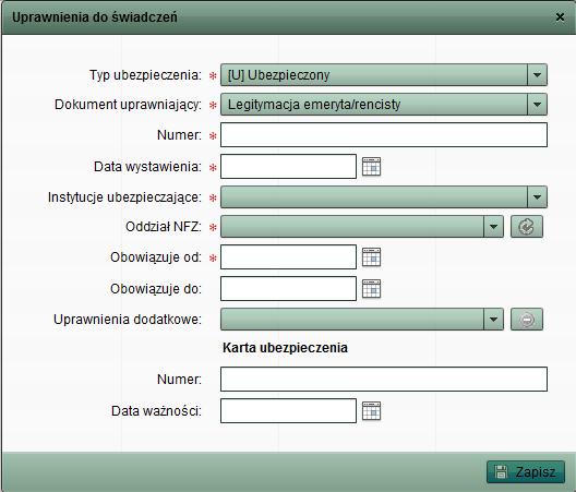 Dla ubezpieczonego i dokumentu uprawniającego legitymacja emeryta/rencisty okno dodawania wygląda