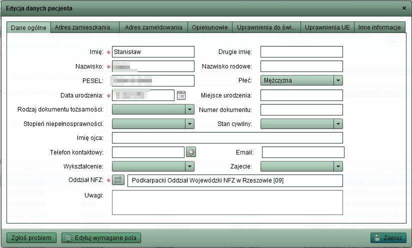 Aby zmodyfikować dane pacjenta, klikamy przycisk Edytuj znajdujący się na górnym pasku obok przycisku Dodaj.