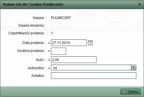 46 W sytuacji, kiedy lek będzie podawany ponownie, na ekranie pojawi się okno jak poniżej: Rys. 47 Użytkownik ma możliwość uzupełnienia niektórych informacji.