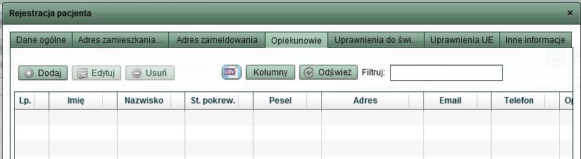 Rys. 11 Kolejną zakładką widoczną na formularzu rejestracji pacjenta jest zakładka Opiekunowie: Rys. 12 Do pacjenta można przypisać dowolną ilość opiekunów.