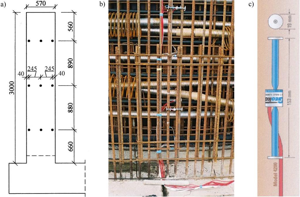 Rysunek 3: Rozwój średniej wytrzymałości na ściskanie (a) i modułu sprężystości betonu (b) Rysunek 4: Lokalizacja i widok strunowych przetworników odkształceń o bazie 150 mm 4.