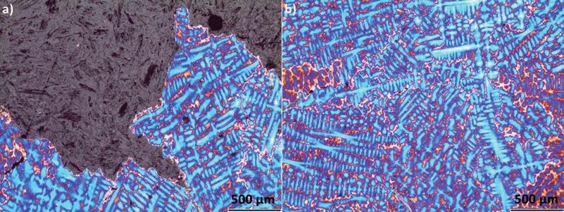 5. Mikrostruktura Inconelu 713C przed testem pełzania: a) rdzeń dendrytu i przestrzeń międzydendrytyczna, b) węglik o morfologii chińskiego pisma, c) eutektyka γ/γ i borek, d) faza