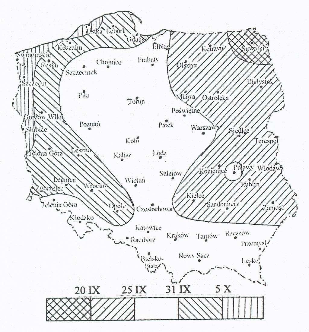 Rys.4. Optymalny termin początku sezonu przechowalniczego sadzeniaków (3 C) w różnych rejonach Polski Fig. 4.