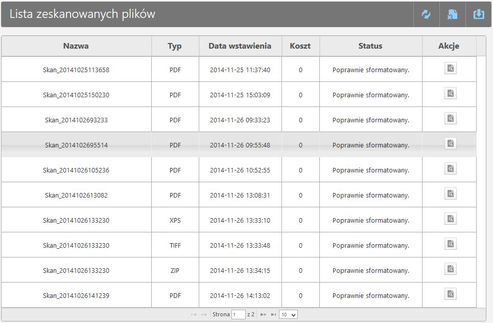 Rys 37. Widok listy zeskanowanych plików. Widniejące na liście (Rys. 37) pliki posiadają jedno z 4 rozszerzeń: PDF, XPS, TIFF lub ZIP.