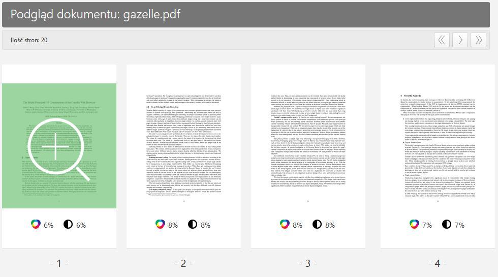 Rys 38. Ekran wyświetlania miniatur przesłanego dokumentu Przyciski znajdujące się w prawym górnym rogu ekranu pozwalają na nawigację po miniaturach stron dokumentu.