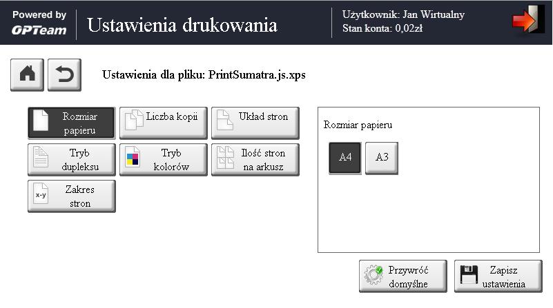 Rys 53. Ekran zaawansowanych ustawień wydruku dla pliku. Na Rys. 53 przedstawiony jest ekran uruchamiany po wciśnięciu przycisku liście dokumentów do wydruku.