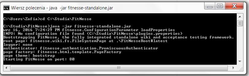 Należy wykonać folder np. FitNesse, gdzie należy umieścić pobrany plik fitnesse-standalone.jar ze strony http://www.fitnesse.org/fitnessedownload.