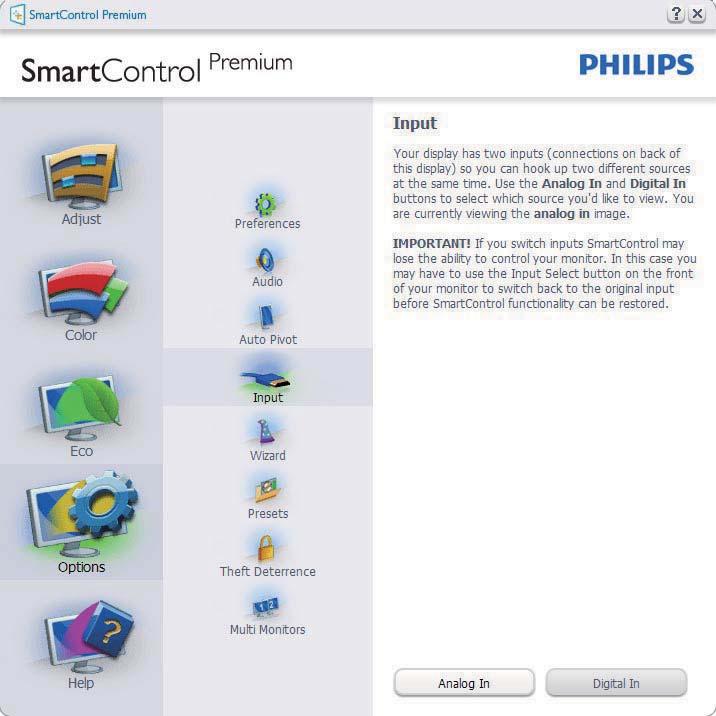 Menu Options > Input (Opcje > Wejście) jest dostępne tylko po wybraniu pozycji Input (Wejście) z menu rozwijanego Options (Opcje).