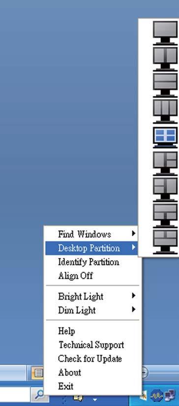 Menu uruchamiane kliknięciem lewego przycisku myszy Kliknij lewym przyciskiem myszy ikonę Desktop Partition (Partycja pulpitu), aby szybko wysłać aktywne okno do dowolnej partycji bez konieczności